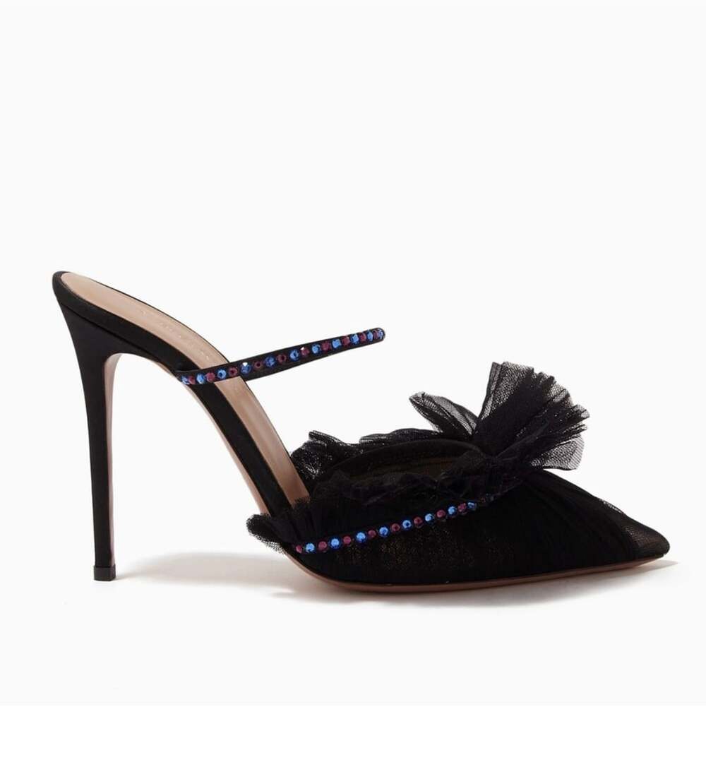 Andrea Wazen Kaya 95 Mules in Tulle & Satin Black Crystal